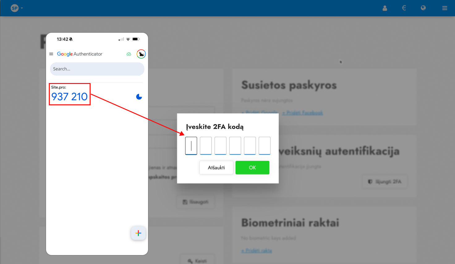2FA kodo įvedimas norint išjungti autentifikaciją
